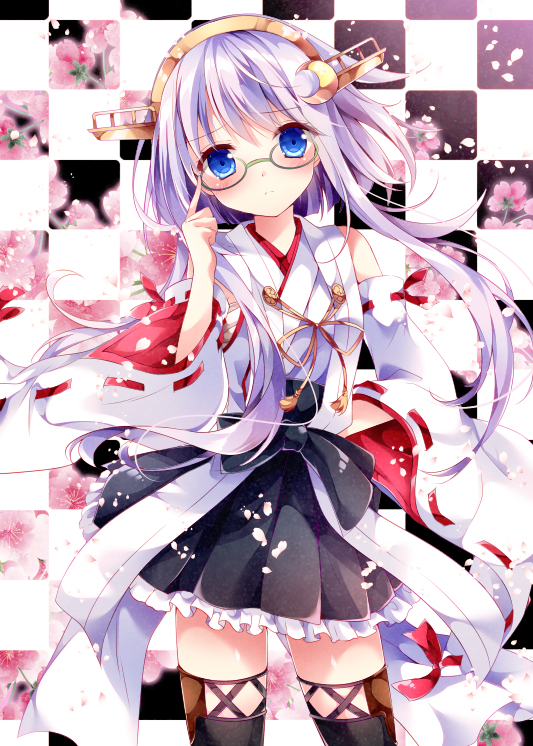 1girl adjusting_eyewear bespectacled blue_eyes cosplay female_focus glasses hairband japanese_clothes kantai_collection kirishima_(kancolle) kirishima_(kancolle)_(cosplay) long_hair nogi_takayoshi nontraditional_miko purple_hair solo yayoi_(kancolle)