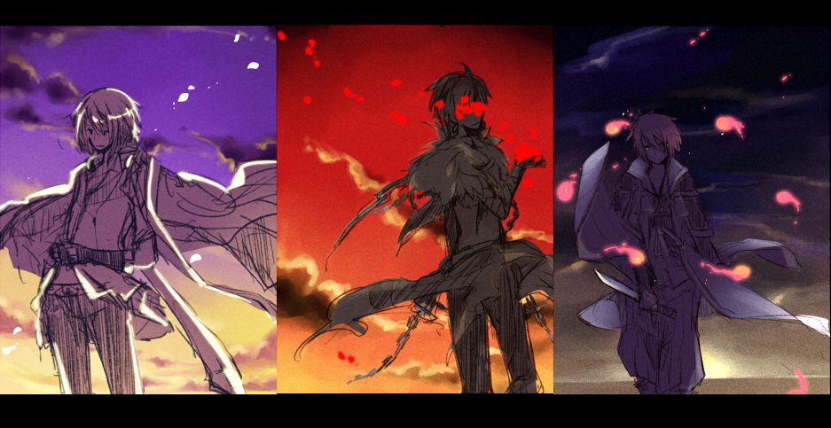 3boys armor black_sky blacksmith_(ragnarok_online) chain closed_mouth commentary_request cowboy_shot dagger fingerless_gloves fur_collar gloves holding holding_dagger holding_knife holding_weapon japanese_armor kagerou_(ragnarok_online) knife kote letterboxed looking_at_viewer male_focus multiple_boys orange_sky pants purple_sky ragnarok_online shadow_chaser_(ragnarok_online) shirt short_hair sky smile wane_(ruki) weapon