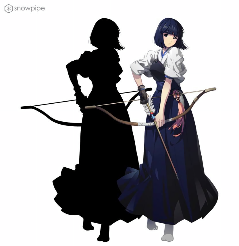 1girl alternate_costume archery arrow_(projectile) artist_request black_gloves black_hair blue_hakama blunt_bangs blunt_ends bow_(weapon) closed_mouth company_name english_text flower_tassel full_body gloves green_eyes hakama hakama_skirt japanese_clothes kimono kitaooji_hanabi kyuudou logo muneate no_shoes official_art partially_fingerless_gloves partly_fingerless_gloves sakura_taisen sakura_taisen_iii sega short_hair silhouette simple_background single_glove skirt sleeves_rolled_up smile socks solo straight_hair tassel third-party_source watermark weapon white_background white_kimono white_socks yugake yumi_(bow)