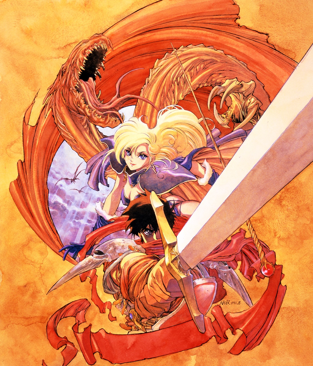 1boy 1girl ares_(brandish) armor blonde_hair blue_eyes brandish brown_hair cape dela_delon dragon elbow_gloves fantasy gloves highres holding holding_staff holding_sword holding_weapon knight long_hair monster orb pauldrons pointing_melee_weapon pointing_sword purple_cape purple_gloves retro_artstyle sharp_teeth short_hair shoulder_armor staff sword teeth warrior wavy_hair weapon yuuki_nobuteru