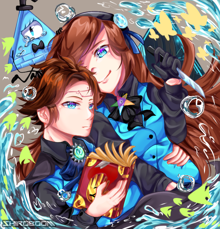 1boy 1girl aqua_eyes aqua_vest ascot bill_cipher book brooch brother_and_sister brown_hair cape collared_shirt dark_persona dipper_gleeful dipper_pines facial_mark fish forehead_mark formal_clothes gem gravity_falls hair_ornament jewelry knife long_hair mabel_gleeful mabel_pines pentagram shiroboom shirt short_hair siblings swept_bangs twins vest waist_grab water_drop will_cipher
