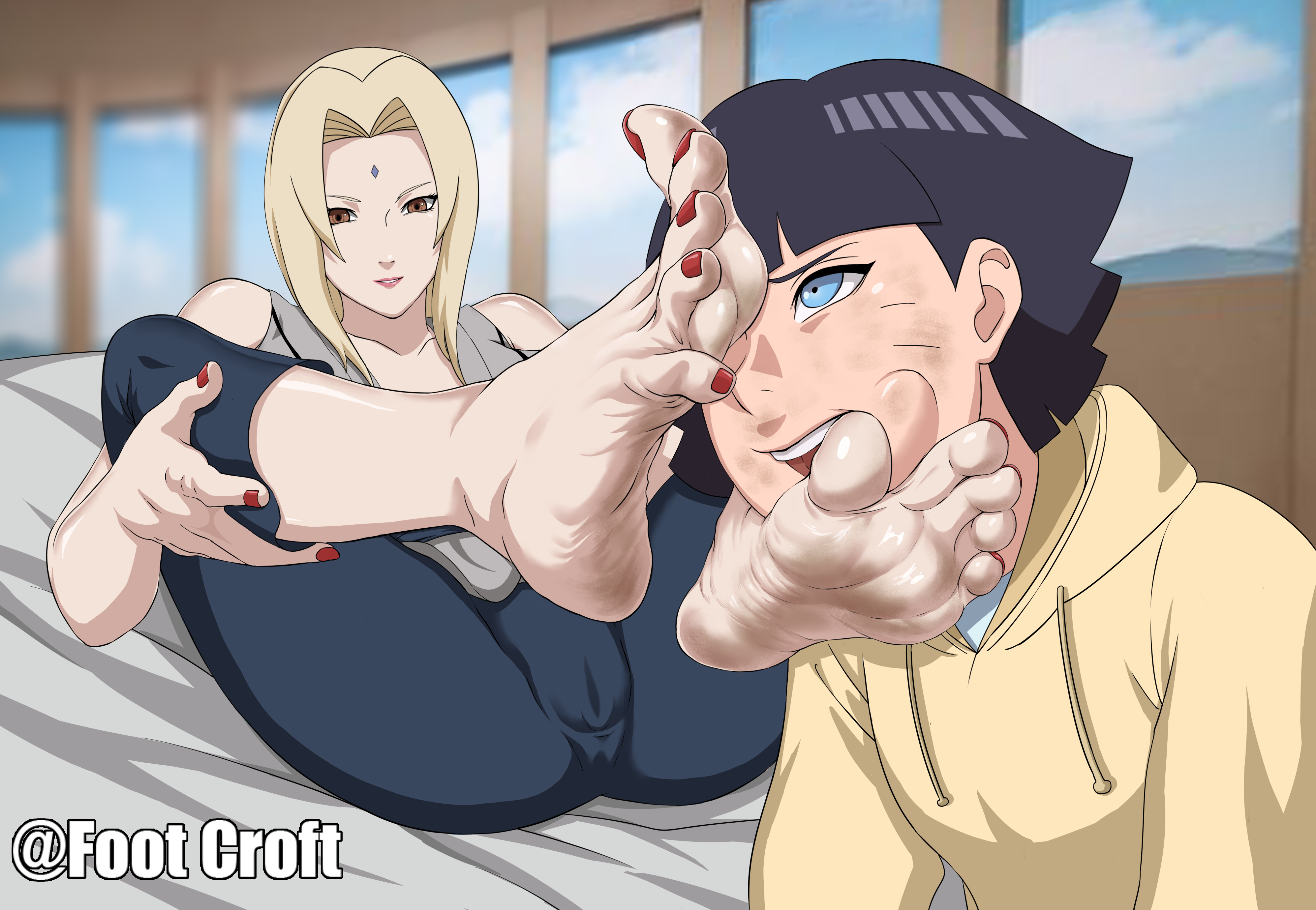 foot croft, tsunade (naruto), uzumaki himawari, boruto: naruto next  generations, naruto (series), naruto shippuuden, absurdres, highres,  2girls, age difference, ass, barefoot, blonde hair, breasts, cameltoe, cum,  dirty, dirty feet, erection, feet, foot