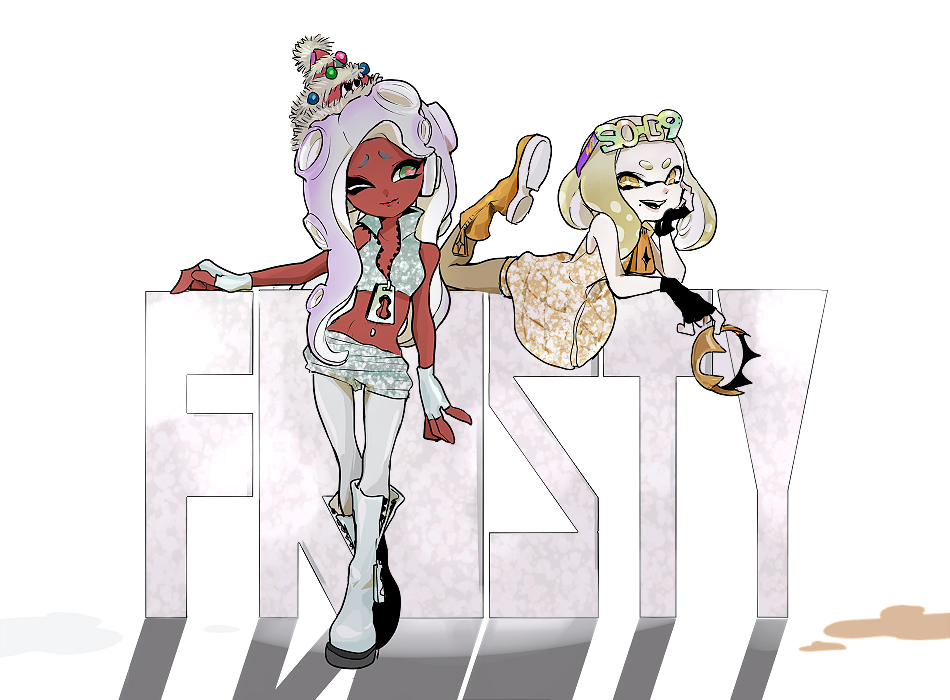 2girls bare_shoulders black_gloves blonde_hair boots brown_pantyhose cephalopod_eyes closed_mouth commentary crop_top cross-shaped_pupils crown dark-skinned_female dark_skin dress english_commentary eyewear_on_head fingerless_gloves full_body furrowed_brow gloves gold_crown green_eyes grey_hair grey_shirt grey_shorts hand_on_own_cheek hand_on_own_face headphones holding holding_unworn_clothes horizontal_pupils imaikuy0 inkling long_hair looking_at_another lying marina_(splatoon) medium_hair midriff mole mole_under_mouth multicolored_hair multiple_girls navel_piercing nintendo octoling official_alternate_color on_stomach one_eye_closed open_mouth orange_boots pantyhose parted_bangs pearl_(splatoon) piercing pink_pupils purple_hair shirt shorts sleeveless sleeveless_dress smile splatoon_(series) splatoon_2 standing sunglasses symbol-shaped_pupils tentacle_hair unworn_crown unworn_headwear white_background white_boots white_gloves white_pantyhose yellow_dress yellow_eyes zipper_pull_tab