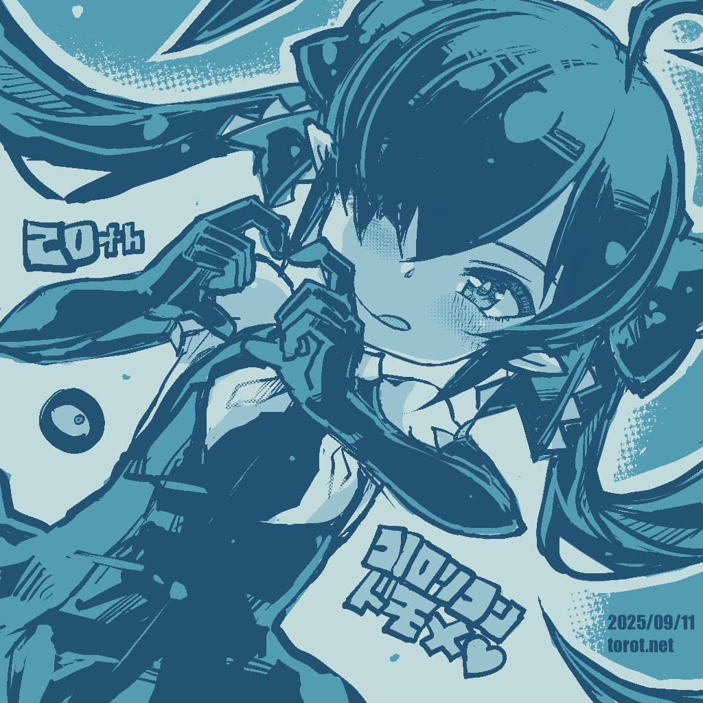 1girl ;p ahoge backbeako_(torotei) backbeard bare_shoulders birthday blue_background blue_theme blush closed_mouth commentary dated dated_commentary dress dutch_angle elbow_gloves gegege_no_kitarou gloves hair_over_one_eye hair_ribbon heart heart_hands kono_lolicon_domome long_hair looking_at_viewer monochrome neckerchief one_eye_closed original paid_reward_available pointy_ears ribbon simple_background sleeveless sleeveless_dress smile solo tongue tongue_out torotei translated twintails two-tone_background upper_body very_long_hair watermark web_address white_background
