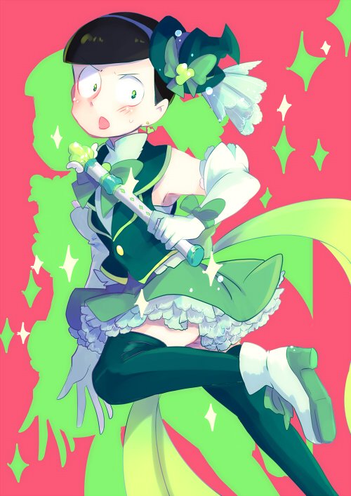 1boy alternate_costume back_bow bare_shoulders black_hair blunt_bangs boots bow bowtie brooch buttons cloud collared_shirt collared_vest crossdressing determined drop_shadow earrings elbow_gloves foot_out_of_frame frilled_gloves frilled_shirt frilled_skirt frills frown gloves green_bow green_bowtie green_eyes green_hat green_ribbon green_skirt green_theme green_vest hairband hanada_hyou hat hat_bow hat_ornament hat_ribbon high_collar high_heel_boots high_heels holding holding_wand jewelry lapels leg_up looking_at_viewer magical_girl male_focus matsuno_choromatsu mini_hat mini_witch_hat miniskirt notched_lapels open_mouth osomatsu-san osomatsu_(series) petticoat pleated_skirt purple_hairband red_background ribbon shirt short_hair skirt sleeveless sleeveless_shirt solo sparkle v-shaped_eyebrows vest wand white_boots white_gloves white_shirt witch_hat wrist_bow