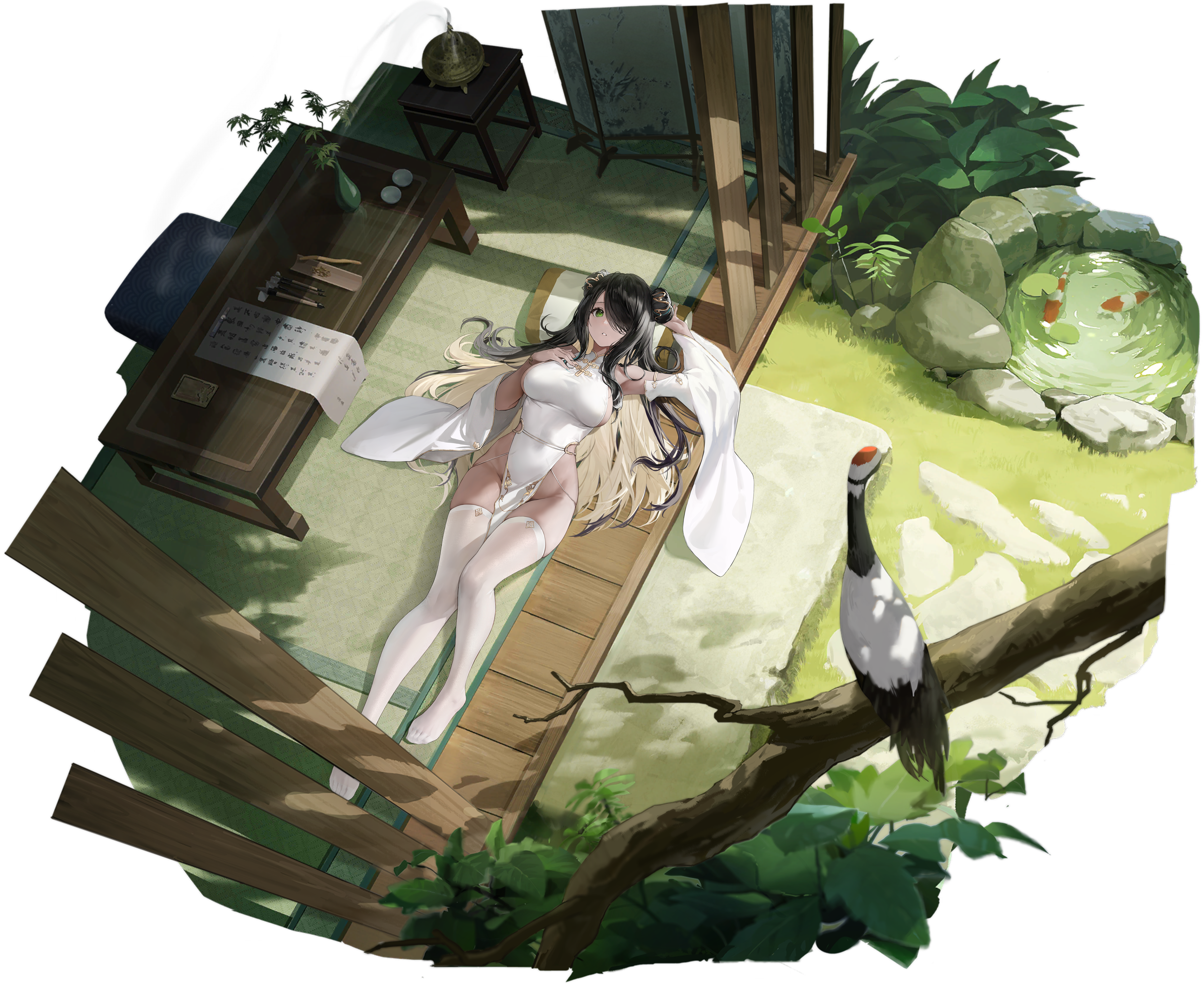 1girl absurdres armpits azur_lane black_hair blonde_hair breasts china_dress chinese_clothes colored_inner_hair dark-skinned_female dark_skin detached_sleeves double_bun dress feet from_above green_eyes groin hair_bun hair_over_one_eye haori_io highres large_breasts legs logo long_hair looking_at_viewer lying multicolored_hair no_panties no_shoes non-web_source northampton_(azur_lane) northampton_ii_(azur_lane) northampton_ii_(comfy_crane_amidst_the_clouds)_(azur_lane) official_art on_back parted_lips pelvic_curtain pillow scroll see-through_clothes see-through_thighhighs solo thighhighs toes white_dress white_sleeves white_thighhighs