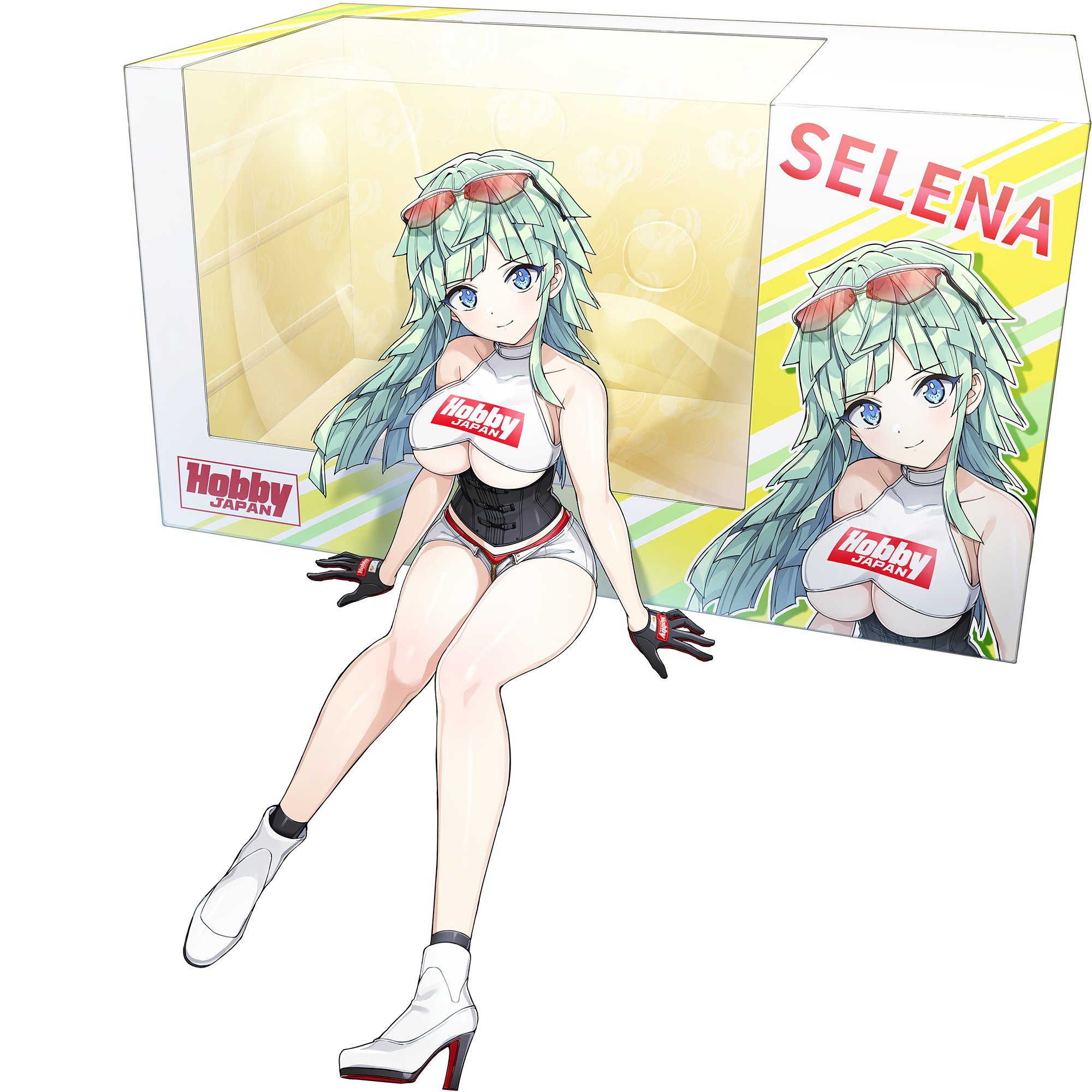 black_gloves black_vest blue_eyes box breasts cleavage_cutout clothing_cutout dolphin_wave game_cg gloves green_hair high_heels highres kishimen_hair large_breasts long_hair looking_at_viewer micro_shorts non-web_source official_alternate_costume official_art ootomo_takuji panties red_panties selena_lewis shorts sitting smile transparent_background underboob underboob_cutout underwear vest white_shorts white_vest
