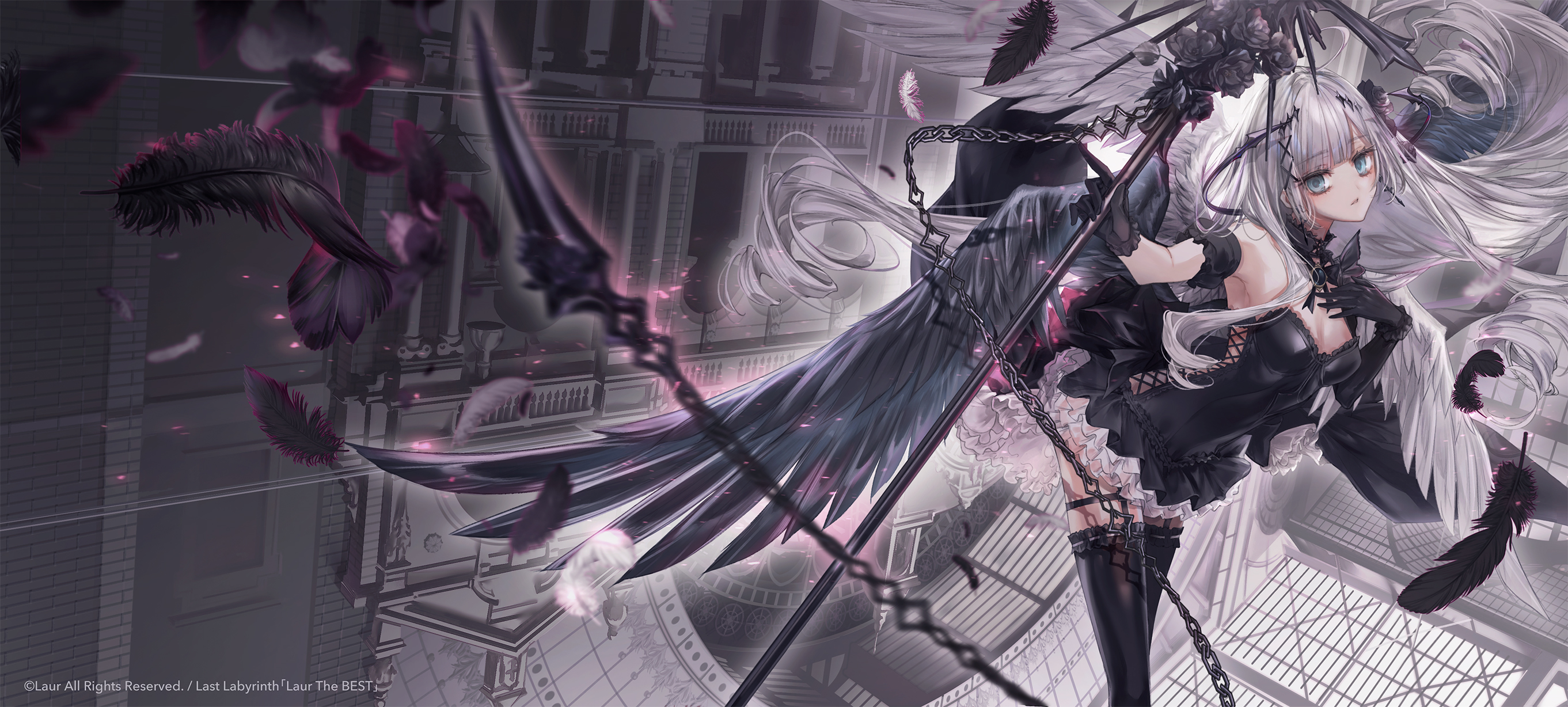 1girl armpits asymmetrical_gloves asymmetrical_wings black_bow black_bowtie black_brooch black_collar black_dress black_feathers black_flower black_gloves black_rose black_scrunchie black_sleeves black_thighhighs black_wings blue_eyes bow bowtie breasts brooch chain cierra_(ra-bit) clothing_cutout collar commentary_request copyright_name copyright_notice cross-laced_clothes cross-laced_dress detached_collar detached_sleeves dress elbow_gloves falling_feathers feathers feet_out_of_frame floating_hair flower frilled_dress frilled_sleeves frills garter_straps gloves grey_hair hair_ornament hand_on_own_chest hardcore_tano_c highres holding holding_weapon indoors jewelry laur laur_the_best long_hair looking_at_viewer medium_breasts official_art original parted_lips rose scrunchie short_sleeves side_cutout single_elbow_glove solo strapless strapless_dress thighhighs uneven_gloves upside-down very_long_hair weapon white_feathers white_wings wings wrist_scrunchie x_hair_ornament