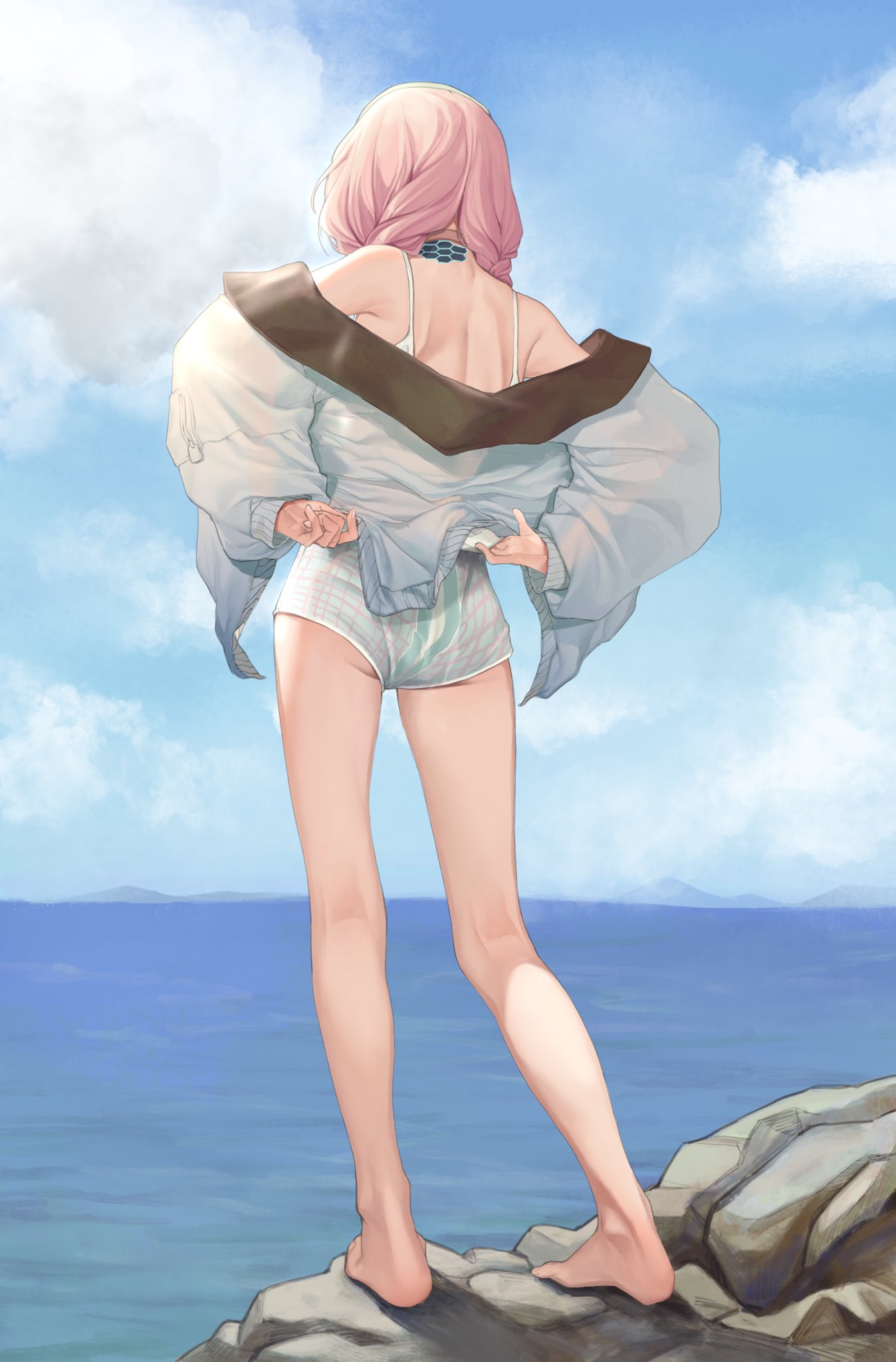1girl arknights ass bare_arms bare_legs bare_shoulders barefoot blue_poison_(arknights) blue_poison_(shoal_beat)_(arknights) blue_sky cloud cyta_celest day feet from_behind full_body highres legs official_alternate_costume pink_hair rock short_hair short_shorts shorts sky solo spaghetti_strap sports_bra standing thighs toes