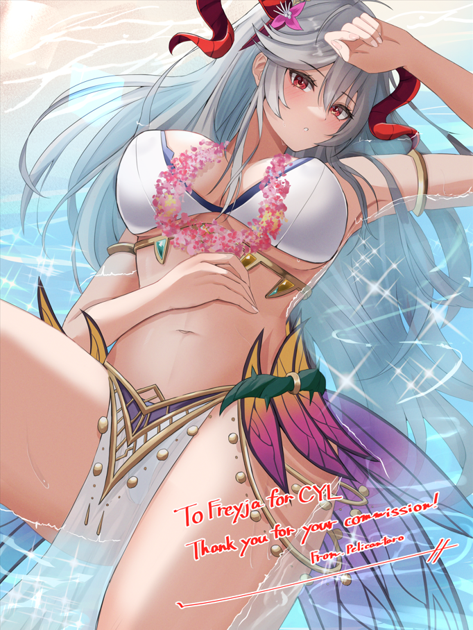 1girl armlet bikini blush breasts fire_emblem fire_emblem_heroes flower freyja_(fire_emblem) freyja_(summer)_(fire_emblem) goat_horns hair_flower hair_ornament horns jewelry large_breasts long_hair looking_at_viewer lying navel nintendo official_alternate_costume on_back peli_cantaro red_eyes red_horns second-party_source solo stomach swimsuit white_bikini