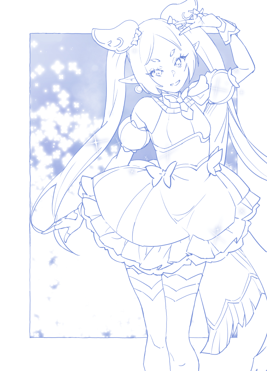 1girl arm_up blue_theme brooch cape commentary cosplay cure_sky cure_sky_(cosplay) detached_sleeves dress earrings elf fingerless_gloves frieren frilled_dress frills fringe_trim gloves hair_ornament highres hirogaru_sky!_precure jewelry long_hair looking_at_viewer miyagoe_yoshitsuki monochrome open_mouth pointy_ears precure puffy_detached_sleeves puffy_sleeves short_dress single_earring sleeveless sleeveless_dress smile solo sousou_no_frieren sparkle standing thighhighs twintails v wing_brooch wing_hair_ornament