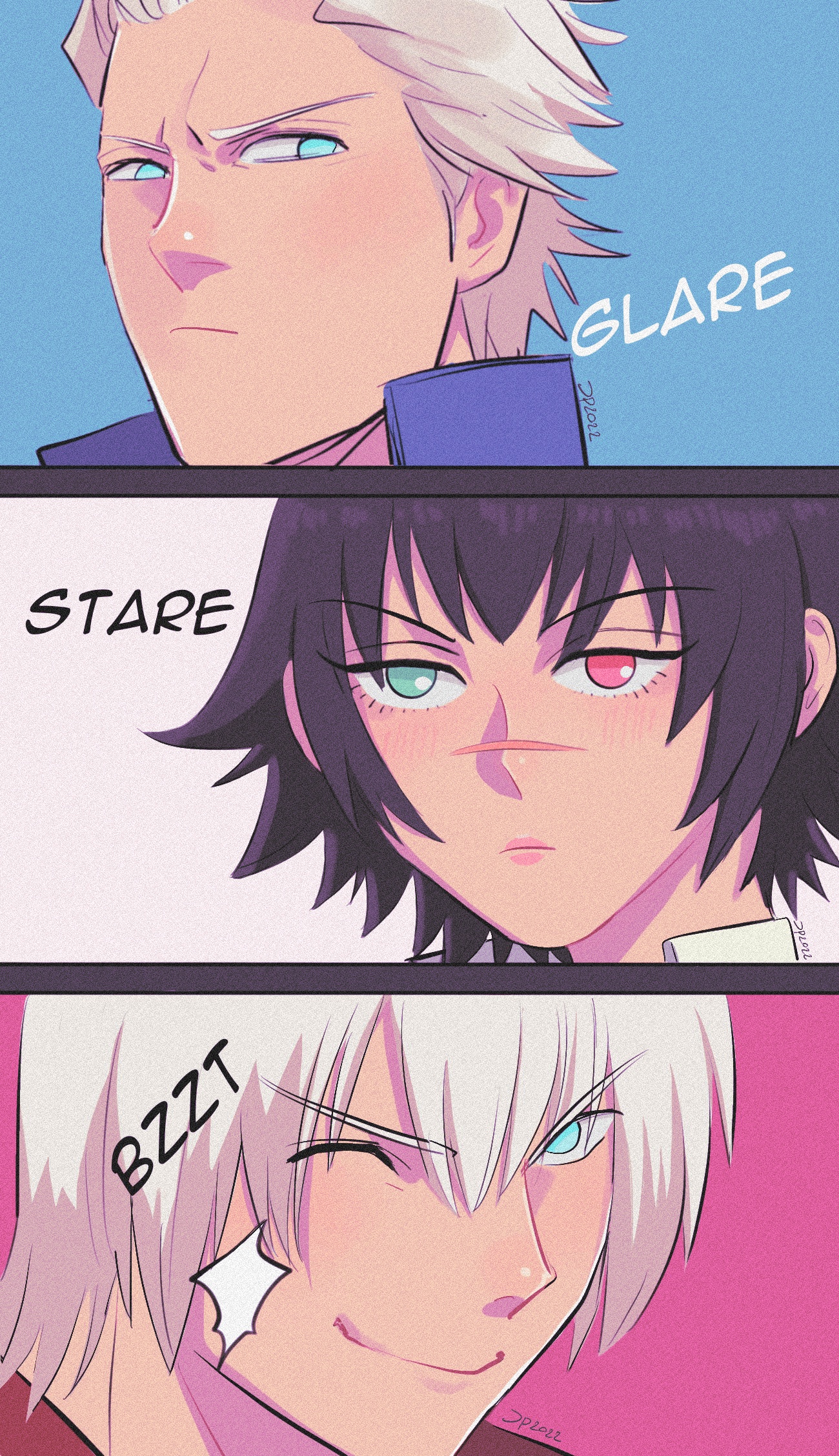 1girl 2boys black_hair blue_eyes dante_(devil_may_cry) devil_may_cry devil_may_cry_(series) devil_may_cry_3 green_eyes heterochromia highres jumpoon lady_(devil_may_cry) multiple_boys one_eye_closed red_eyes scar scar_on_face scar_on_nose signature smile vergil_(devil_may_cry) white_hair