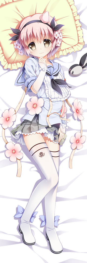1girl bed_sheet black_hairband black_ribbon blue_sailor_collar blue_shirt blush boots commentary_request dakimakura_(medium) detached_sleeves female_focus flower frilled_pillow frills full_body grey_skirt hair_flower hair_ornament hair_ribbon hairband hand_up head_tilt looking_at_viewer lying mahou_shoujo_ikusei_keikaku on_back panties panty_peek pillow pink_flower pink_hair pink_panties pleated_skirt ribbon sailor_collar shirt short_hair short_sleeves skirt sleeves_past_wrists snow_white_(mahoiku) solo thigh_boots thighhighs underwear white_boots white_thighhighs xia_xiang_(ozicha) yellow_eyes