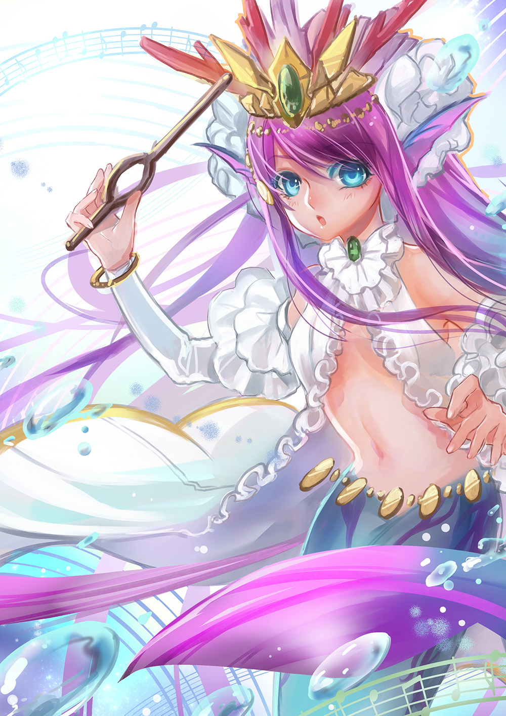 1girl baton conductor_baton blue_eyes headdress highres jewelry long_hair lots_of_jewelry mermaid mimitsoi monster_girl purple_hair puzzle_&amp;_dragons siren_(p&amp;d) musical_staff