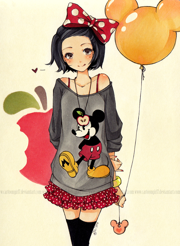 1girl :p apple balloon black_hair blush bow bracelet brown_eyes commentary disney english_commentary food fruit hair_bow hair_ornament heart jewelry joanna_(mojo!) md5_mismatch mickey_mouse original pendant photoshop_(medium) resolution_mismatch short_hair simple_background skirt sleeves_pushed_up smile solo source_smaller thighhighs tongue tongue_out traditional_media watermark