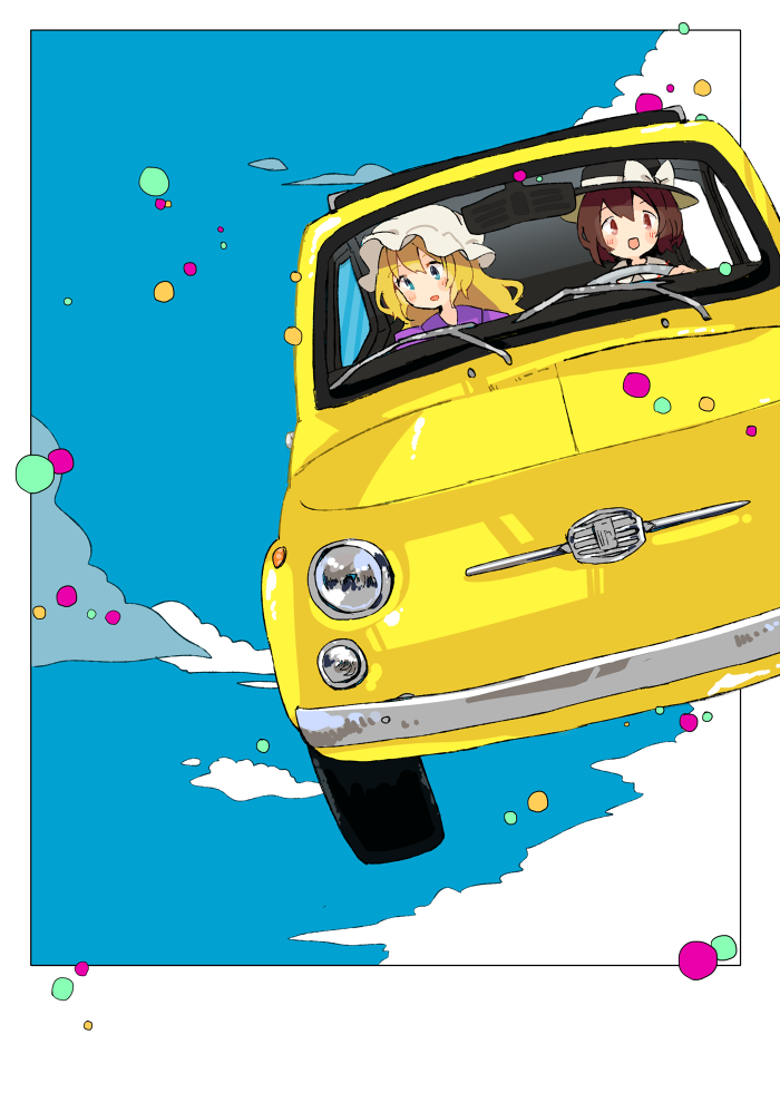 2girls black_headwear blonde_hair blue_background blue_eyes bow brown_hair cloud commentary_request fiat_500 flying flying_car hat hat_bow long_hair maribel_hearn mob_cap multiple_girls open_mouth red_eyes shirt short_hair smile tamagogayu1998 touhou usami_renko vehicle_focus white_bow white_headwear white_shirt
