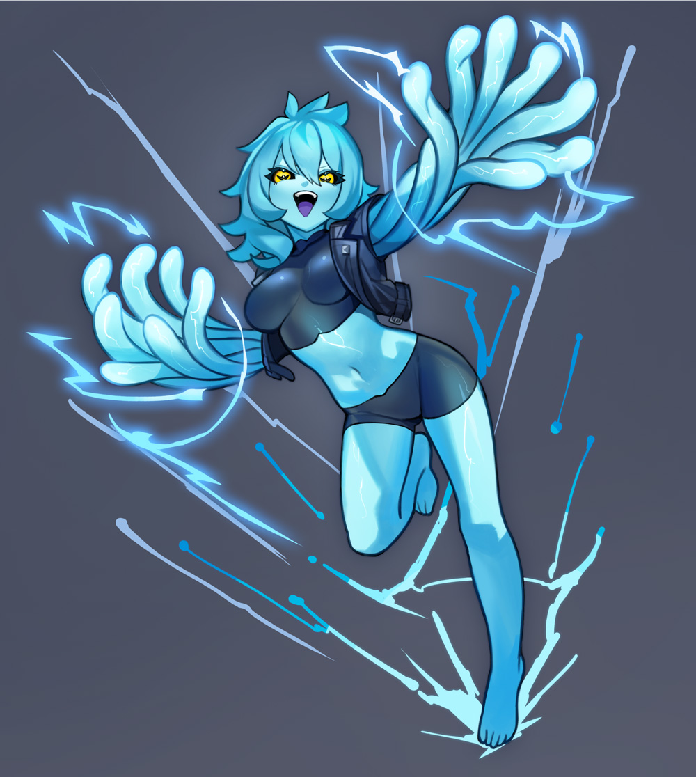 1girl baniran_dorosu barefoot black_sclera black_shirt black_shorts blue_hair blue_skin breasts colored_sclera colored_skin colored_tongue commission crop_top electricity full_body grey_background medium_breasts medium_hair monster_girl navel open_mouth original purple_tongue shirt shorts simple_background skeb_commission solo teeth tentacle_arm tentacles upper_teeth_only yellow_eyes