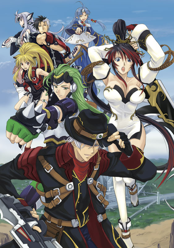 2boys 4girls ahoge android animal_ears arisu_reiji armpits aschen_brodel asou_naruto banpresto belt black_hair blonde_hair blue_eyes blue_hair breasts china_dress chinese_clothes cleavage clenched_hand cowboy cowboy_hat detached_sleeves dress elbow_gloves everyone hand_fan fingerless_gloves gauntlets gloves green_eyes green_hair gun hair_ornament harken_browning hat horns huge_weapon katana kos-mos kos-mos_ver._4 long_hair midriff multicolored_hair multiple_boys multiple_girls nanbu_kaguya original ponytail red_eyes single_horn super_robot_wars super_robot_wars_og_saga_mugen_no_frontier suzuka_hime sword thighhighs two-tone_hair uniform vest weapon cowboy_western xiaomu yellow_eyes