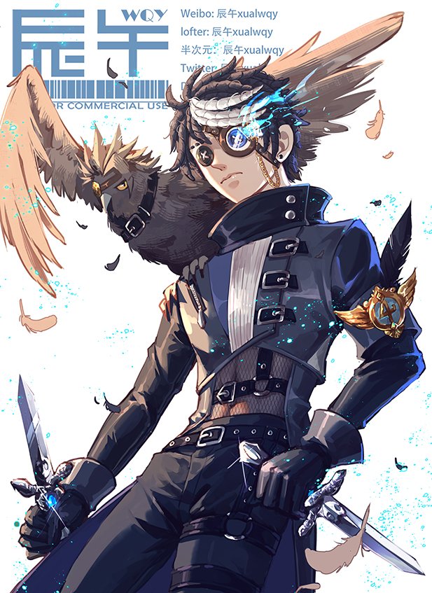 1boy animal animal_on_shoulder armband badge belt belt_buckle bird bird_on_shoulder black_belt black_coat black_eyes black_feathers black_gloves black_hair black_pants blue_eyes blue_fire buckle button_eyes buttons closed_mouth coat cowboy_shot cropped_jacket dagger dual_wielding earrings eli_clark eli_clark_(&quot;noir&quot;) expressionless eyewear_strap falling_feathers feathers fire fishnet_top fishnets flaming_eye gloves harness hawk heterochromia high_collar holding holding_dagger holding_knife holding_weapon identity_v jewelry knife long_sleeves looking_at_viewer male_focus monocle multicolored_hair o-ring o-ring_thigh_strap official_alternate_costume pants reverse_grip see-through_clothes see-through_midriff short_hair sleeve_cuffs standing streaked_hair stud_earrings swept_bangs thigh_strap weapon white_background white_hair xualwqy zipper zipper_pull_tab