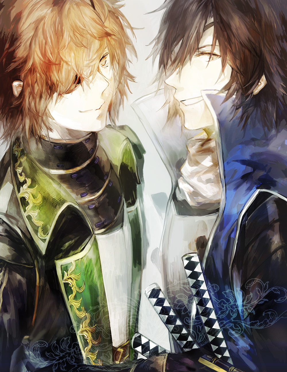 2boys armor brown_eyes brown_hair crossover date_masamune_(sengoku_basara) date_masamune_(sengoku_musou) eyepatch grey_background grin hair_over_one_eye highres historical_name_connection japanese_armor juexing_(moemoe3345) katana looking_at_viewer male_focus multiple_boys name_connection no_headwear sengoku_basara sengoku_musou sheath sheathed short_hair smile sword upper_body weapon