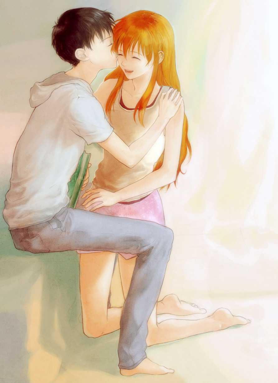 1boy 1girl bad_id bad_pixiv_id barefoot black_hair book kissing_cheek couple closed_eyes hand_on_shoulder hetero highres hood hoodie ikari_shinji kiss kneeling long_hair neon_genesis_evangelion ni-co niko_(silent.whitesnow) orange_hair shorts sitting smile souryuu_asuka_langley