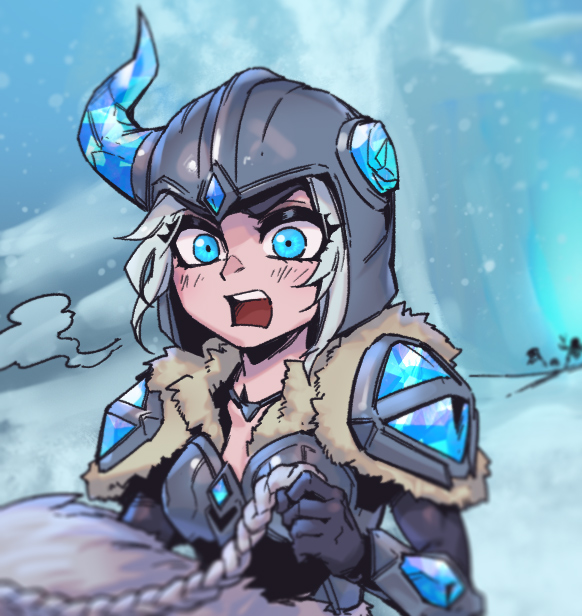 1girl armor black_gloves blue_eyes blush braid breasts broken_horn commentary fake_horns gem gloves grey_hair helmet holding horned_helmet horns ice league_of_legends medium_breasts open_mouth outdoors phantom_ix_row sejuani short_hair single_horn snowing solo teeth upper_teeth_only
