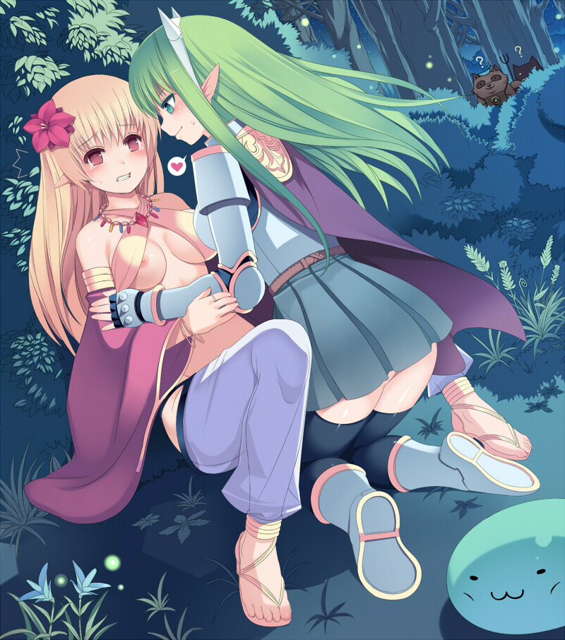 2girls armor armored_dress bad_id bad_pixiv_id bare_shoulders black_legwear blonde_hair blue_eyes blush boots bracelet breastplate breasts camera cape clenched_teeth detached_sleeves dress elf feet fingerless_gloves fireflysnow flower gloves green_hair gypsy_(ragnarok_online) hair_flower hair_ornament hairband heart hibiscus imminent_rape jewelry kneeling long_hair lord_knight_(ragnarok_online) lying multiple_girls necklace nipple_slip nipples no_bra on_back pink_eyes pitchfork pleated_skirt pointy_ears raccoon ragnarok_online ring sandals see-through_clothes sitting skirt smile sweatdrop tears teeth thighhighs underboob yuri zettai_ryouiki