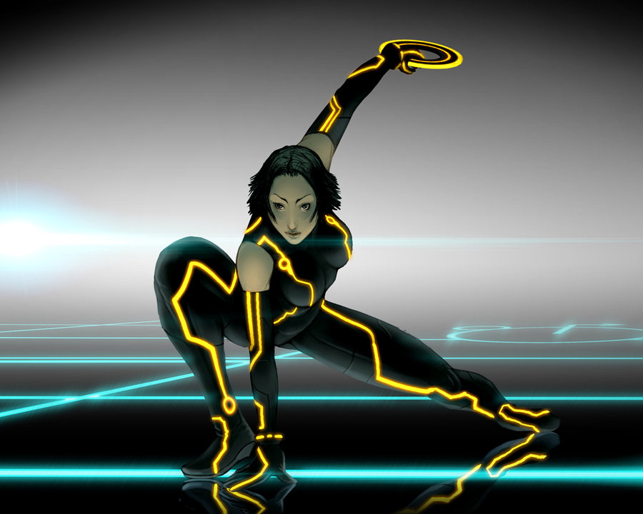 bodysuit identity_disc neon_trim olivia_wilde quorra squatting tron tron_legacy weapon