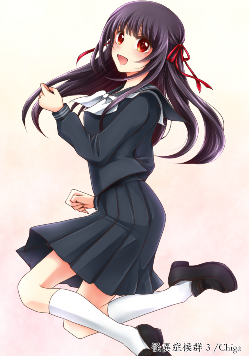 1girl black_hair black_serafuku blunt_bangs chi119 hair_ribbon himeno_mikoto kaii_shoukougun long_hair official_art red_eyes red_ribbon ribbon school_uniform serafuku smile solo