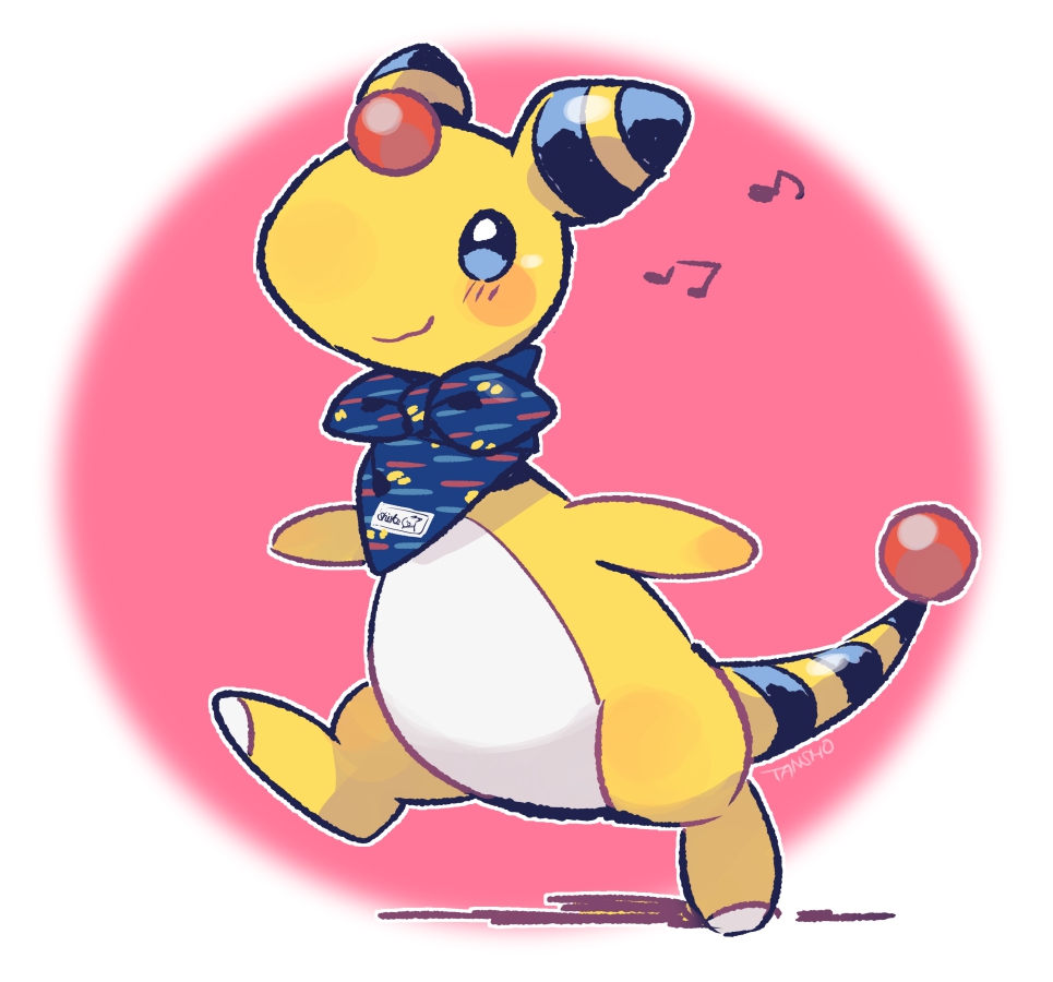 ampharos artist_name bandana blue_bandana blue_eyes blush bright_pupils closed_mouth colored_skin forehead_jewel full_body gen_2_pokemon multicolored_skin musical_note nintendo pokemon pokemon_(creature) smile solo tail tansho two-tone_skin walking white_pupils white_skin yellow_skin