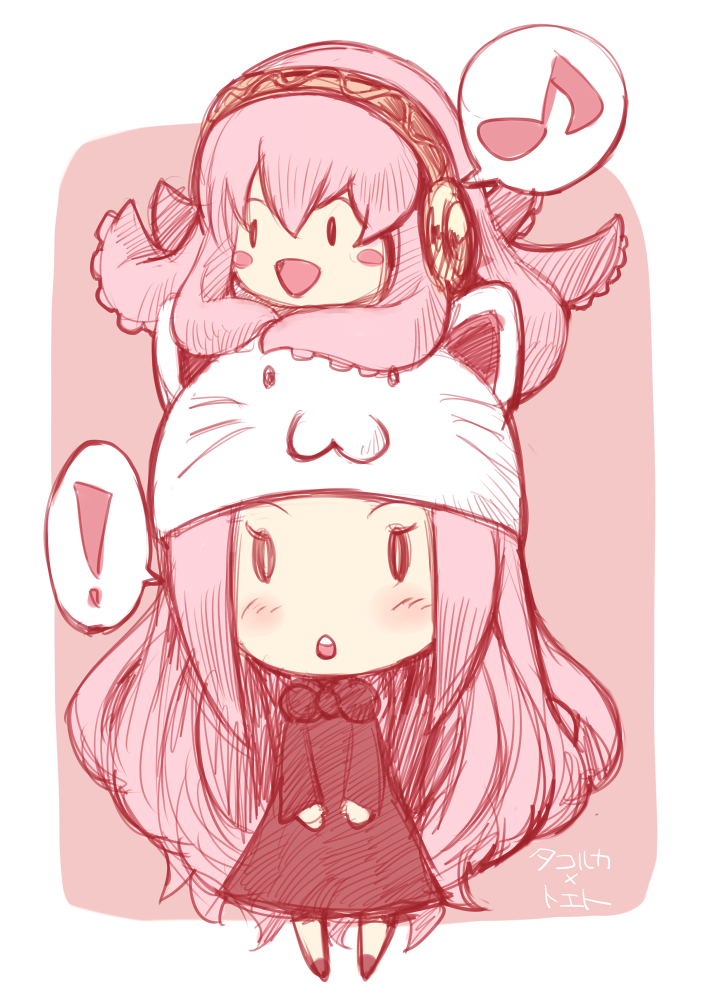 ! 1girl :3 animal_hat bad_id bad_pixiv_id chibi hat kansou_samehada long_hair megurine_luka megurine_luka_(toeto) monochrome musical_note quaver sketch speech_bubble spoken_exclamation_mark spoken_musical_note takoluka toeto_(vocaloid) vocaloid