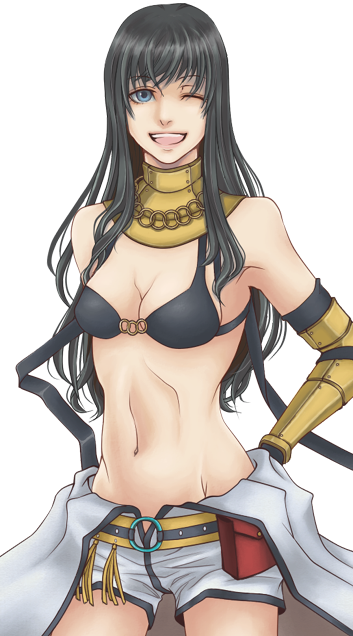 1girl armor bikini bikini_top_only black_bikini black_gloves black_hair blue_eyes breasts cleavage commentary_request cowboy_shot elbow_gloves gloves jumpsuit jumpsuit_around_waist long_hair looking_at_viewer mechanic_(ragnarok_online) navel o-ring o-ring_top one_eye_closed open_mouth pieto ragnarok_online simple_background smile solo swimsuit vambraces white_background white_jumpsuit wind yellow_armor