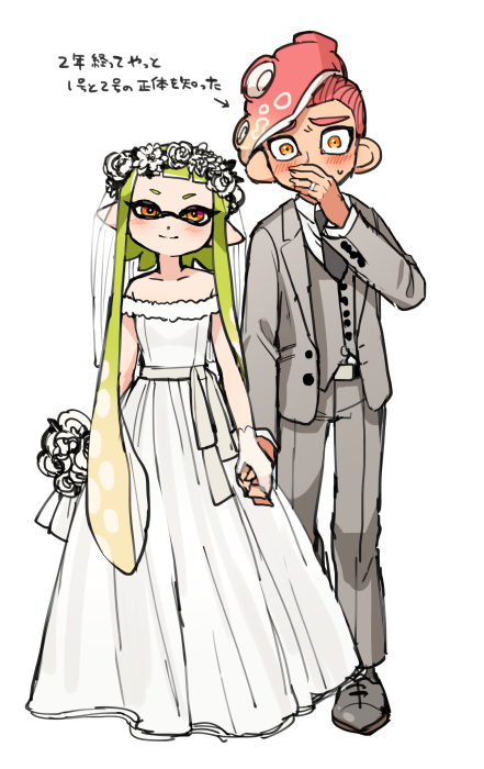 1boy 1girl arrow_(symbol) bare_shoulders belt black_neckwear black_shoe blazer blouse blunt_bangs blush bouquet bridal_veil bride colored_tongue couple covering_own_mouth dress dress_shirt dress_shoes fangs flower flower_wreath gloves gradient_eyes green_hair green_tongue grey_jacket grey_pants hand_over_own_mouth happy head_wreath hetero holding_hands husband_and_wife inkling_player_character jacket japanese_text jewelry kiss long_dress long_hair long_sleeves looking_at_viewer makeup mascara mask mohawk multicolored_eyes necktie nervous nintendo octoling_player_character off-shoulder_dress off_shoulder orange_eyes pants pointy_ears red_eyes red_hair ring shirt shoes short_hair smile splatoon_(series) standing suction_cups surprised tentacle_hair transparent_gloves veil very_long_hair wedding wedding_band wedding_dress wedding_ring white_background white_dress white_flower white_gloves white_shirt wing_collar yeneny