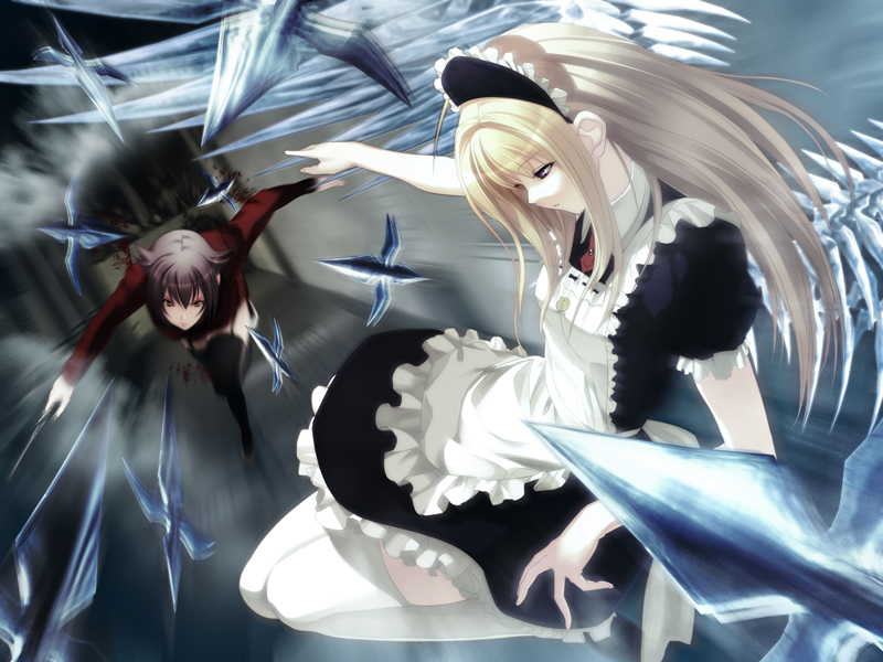 2girls anna_(gekkou_no_carnevale) apron black_shirt black_skirt black_thighhighs blonde_hair brown_eyes brown_hair floating_hair formal_clothes game_cg garter_straps gekkou_no_carnevale holding holding_weapon jacket layered_skirt long_hair long_sleeves maid maid_headdress miniskirt multiple_girls oosaki_shin&#039;ya rebecca_(gekkou_no_carnevale) red_jacket red_skirt shirt short_hair short_sleeves skirt skirt_suit suit thighhighs very_long_hair weapon white_apron white_thighhighs zettai_ryouiki