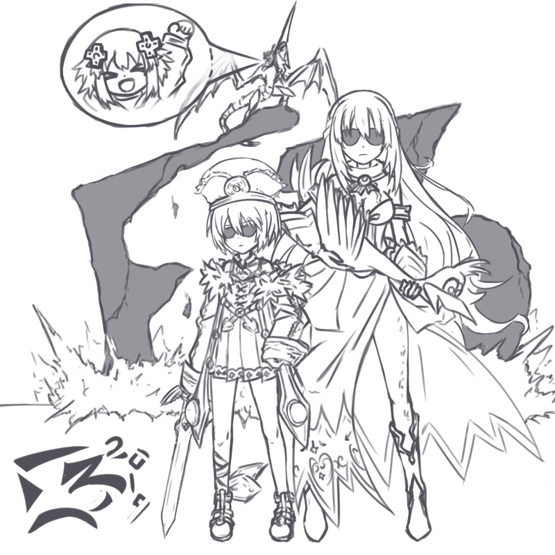 &gt;_&lt; 2019 3girls banjo-kazooie blanc_(neptunia) breasts cleavage crossover drawfag dress e3 electronic_entertainment_expo explosion full_body gloves greyscale holding holding_sword holding_weapon kazooie_(banjo-kazooie) long_hair master_sword monochrome multiple_girls neptune_(neptunia) neptune_(series) open_mouth panzer_dragoon parody short_hair simple_background smile standing sunglasses sword tagme vert_(neptunia) very_long_hair weapon white_background
