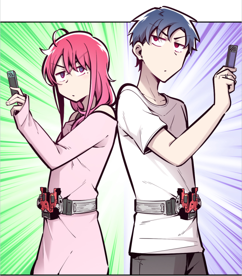 1boy 1girl belt belt_buckle blue_eyes blue_hair buckle cowboy_shot demon_x_angel_can&#039;t_get_along! double_driver dress fei_luo_mao gaia_memory green_background henshin_pose jia_cheng kamen_rider kamen_rider_w long_hair mole mole_under_eye motion_lines pink_dress purple_background red_eyes red_hair rider_belt shirt short_hair speed_lines white_shirt yu_shanshan
