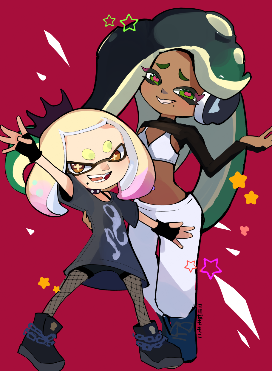105custom 2girls breasts crop_top crown dark-skinned_female dark_skin gloves highres inkling long_hair looking_at_viewer marina_(splatoon) marina_(springfest)_(splatoon) mole mole_under_mouth multicolored_hair multiple_girls nintendo octoling open_mouth pantyhose pearl_(splatoon) pearl_(springfest)_(splatoon) pink_hair short_hair smile splatoon_(series) splatoon_2 splatoon_3 tentacle_hair white_hair yellow_eyes