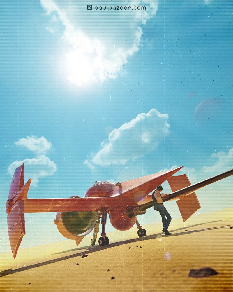 blue_sky cloud cowboy_bebop desert formal_clothes iampurerage necktie photoshop_(medium) rock sand science_fiction shadow sky spacecraft spike_spiegel standing sun swordfish_ii