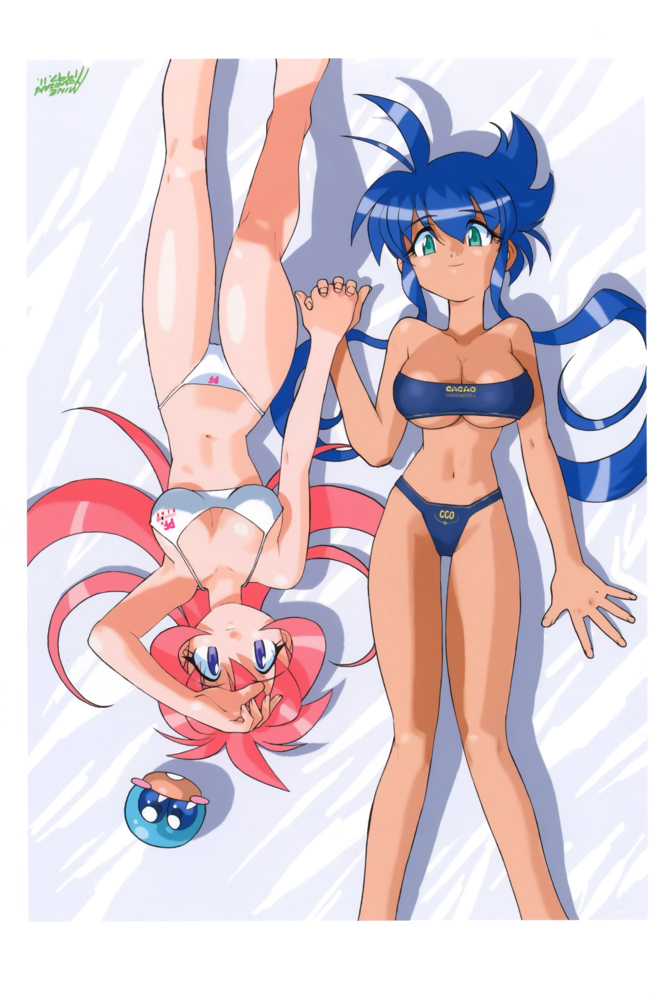 2girls aqua_eyes artist_name bikini blue_bikini blue_eyes blue_hair breasts cacao_(lamune) character_name clothes_writing collarbone dark-skinned_female dark_skin hand_on_forehead holding_hands long_hair looking_at_viewer medium_breasts multiple_girls navel parfait_(lamune) pink_hair pq_(lamune) smile strapless strapless_bikini swimsuit underboob upside-down vs_knight_lamune_&amp;_40_fire white_bikini yoshizaki_mine