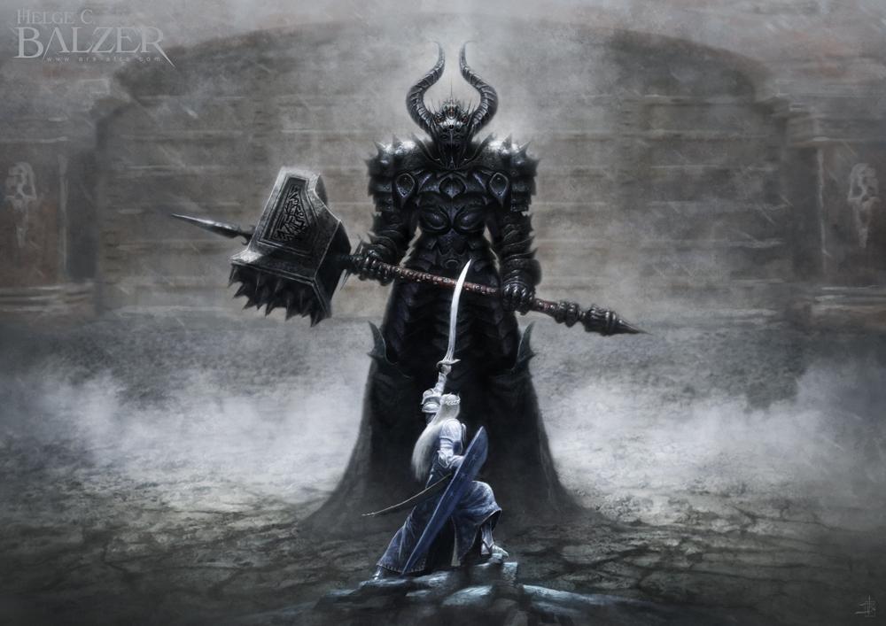 2boys armor artist_name blonde_hair boots breastplate commentary crown duel english_commentary fake_horns fantasy faulds fingolfin from_behind full_armor giant giant_male greaves hammer hand_up helge_c._balzer helmet holding holding_shield holding_sword holding_weapon horned_helmet tolkien&#039;s_legendarium morgoth multiple_boys pauldrons robe scabbard sheath shield shoulder_armor sword the_silmarillion unsheathed war_hammer weapon