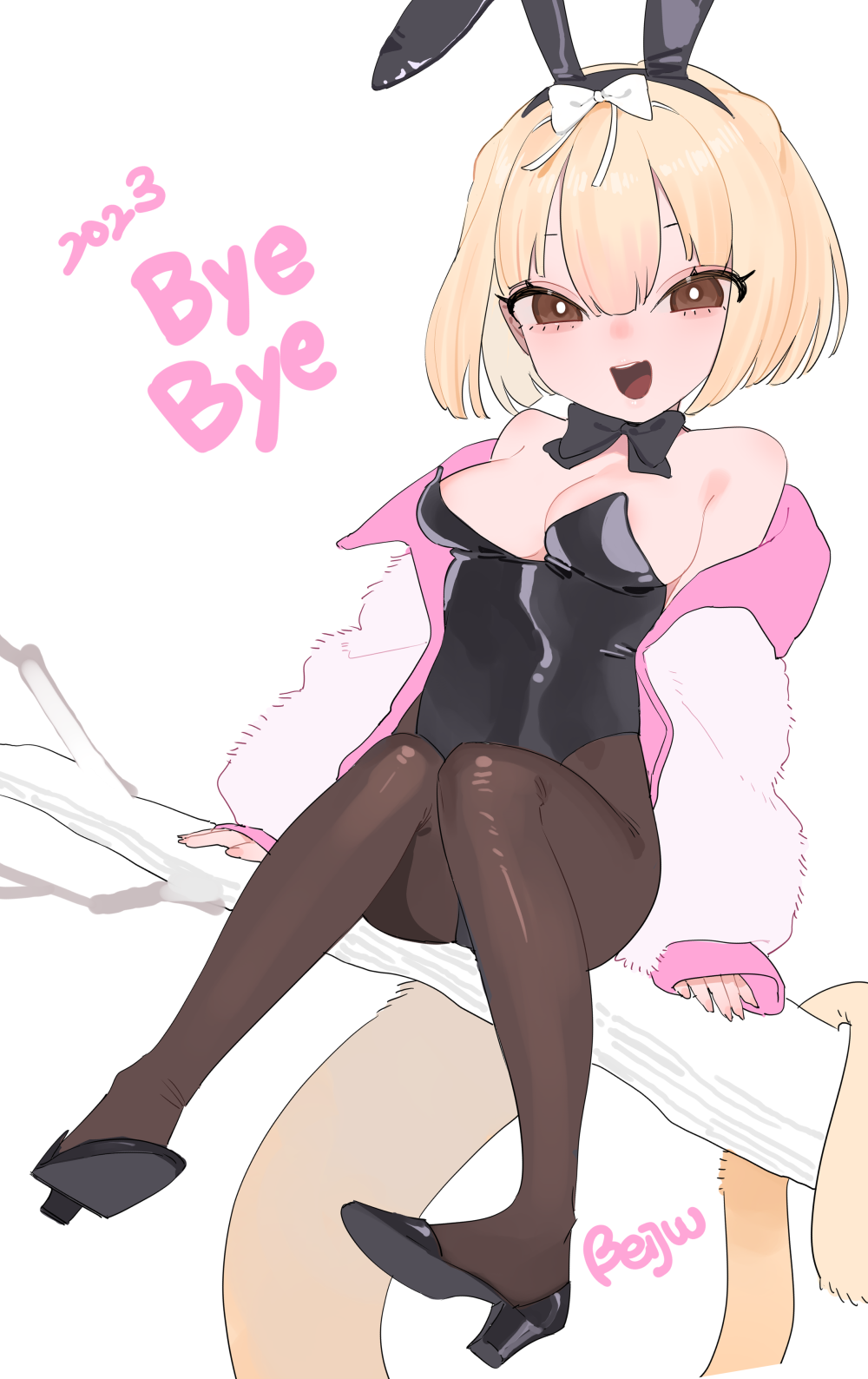 1girl animal_ears bare_shoulders beijuu black_leotard black_pantyhose black_shoes blonde_hair bow breasts bright_pupils brown_eyes fake_animal_ears full_body hair_bow highres jacket kemono_friends leotard looking_at_viewer medium_breasts off_shoulder open_mouth pantyhose playboy_bunny rabbit_ears shoes short_hair silky_anteater_(kemono_friends) sitting sitting_on_branch solo tail white_bow white_jacket white_pupils