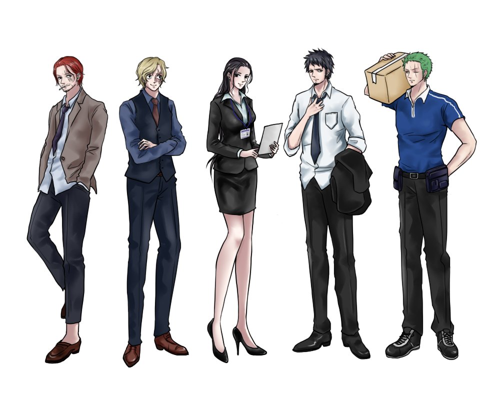 1girl 4boys belt_pouch black_hair black_pants black_shoes black_skirt blonde_hair box brown_jacket collared_shirt commentary_request crossed_arms facial_hair full_body goatee high_heels holding holding_box jacket multiple_boys necktie nico_robin one_piece pants pouch red_hair roronoa_zoro sabo_(one_piece) scar scar_across_eye scar_on_face shanks_(one_piece) shirt shoes short_sleeves simple_background skirt trafalgar_law white_background yuri_kohi
