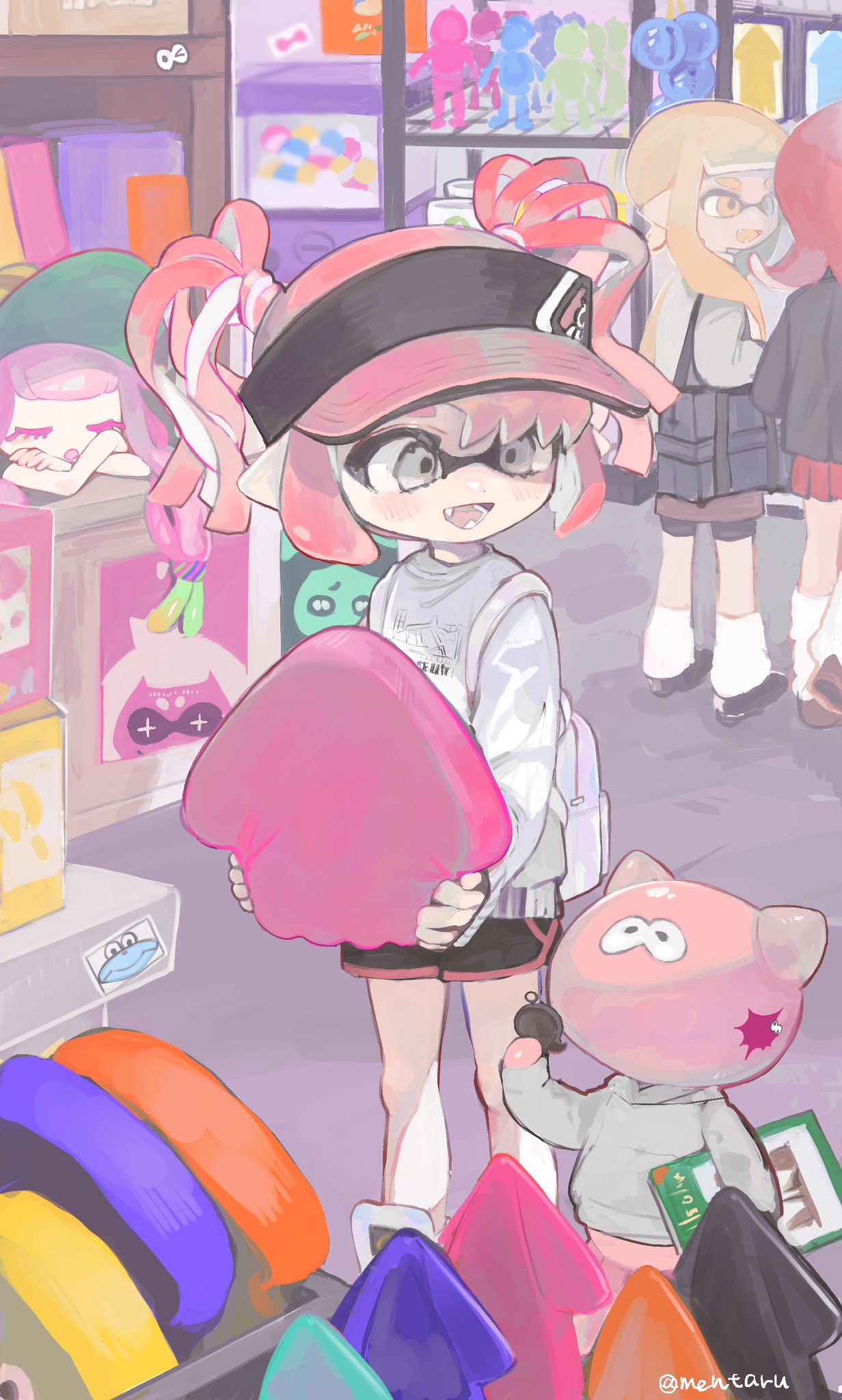 4girls amezawa_koma artist_name backpack bag baseball_cap black_hat black_shorts blonde_hair charm_(object) colored_eyelashes commentary_request dolphin_shorts fangs gashapon green_hair grey_eyes harmony_(splatoon) hat highres holding holding_charm holding_stuffed_toy inkling inkling_girl inkling_player_character jellyfish_(splatoon) long_hair long_sleeves looking_at_creature multicolored_hair multiple_girls nintendo octoling octoling_girl octoling_player_character open_mouth pink_hair pointy_ears poster_(object) shopping short_hair short_twintails shorts sidelocks sleeping smile splatoon_(series) splatoon_3 stuffed_squid stuffed_toy sweater tentacle_hair twintails visor_cap white_bag white_sweater