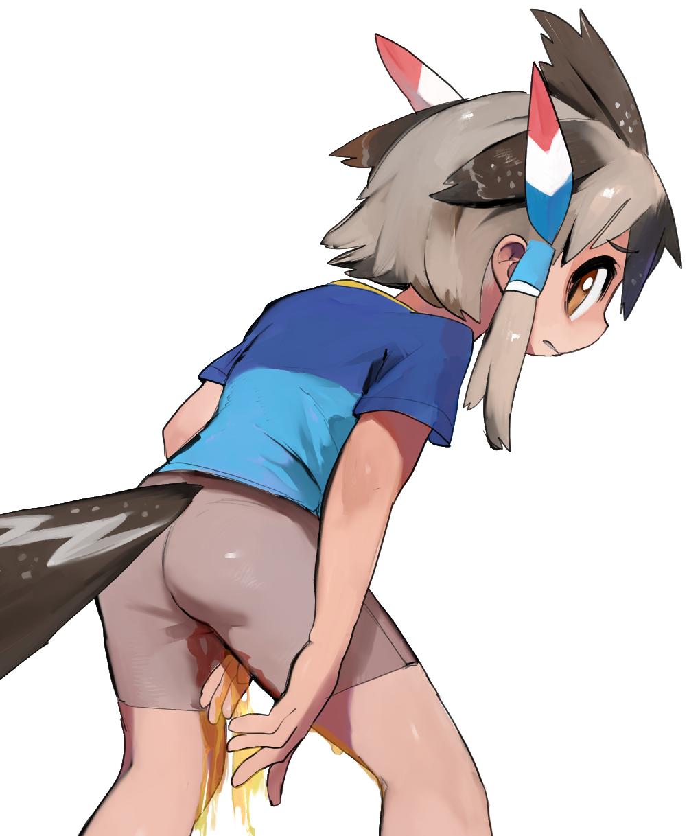 1girl ass between_legs bird_tail bird_wings black_hair black_tail black_wings blue_shirt feather_hair furrowed_brow greater_roadrunner_(kemono_friends) grey_hair grey_shorts hair_tubes hand_between_legs head_wings highres jpeg_artifacts kemono_friends legs_apart looking_back medium_hair multicolored_hair orange_eyes pee pee_stain peeing peeing_self raichiyo shirt short_sleeves shorts simple_background solo standing tail two-tone_hair white_background wings