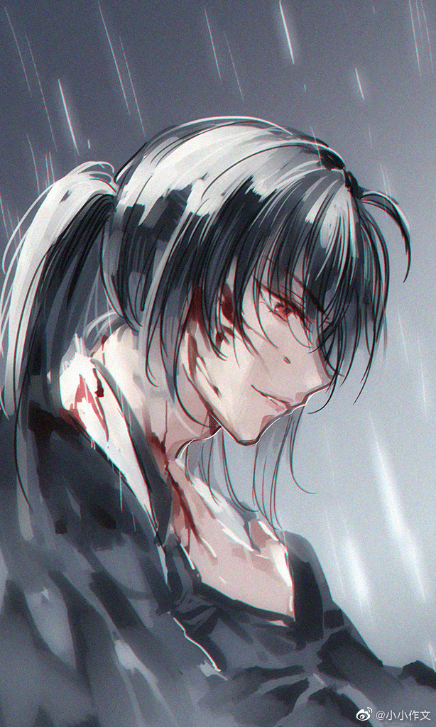 1boy ahoge black_gloves black_hair black_hanfu black_robe blood blood_on_face blood_on_hands chinese_clothes chinese_commentary from_side gloves hair_between_eyes hand_on_own_neck hanfu long_hair looking_down male_focus modao_zushi parted_lips partially_fingerless_gloves ponytail profile rain red_eyes robe smirk solo upper_body watermark weibo_watermark xiao_xiao_zuowen xue_yang