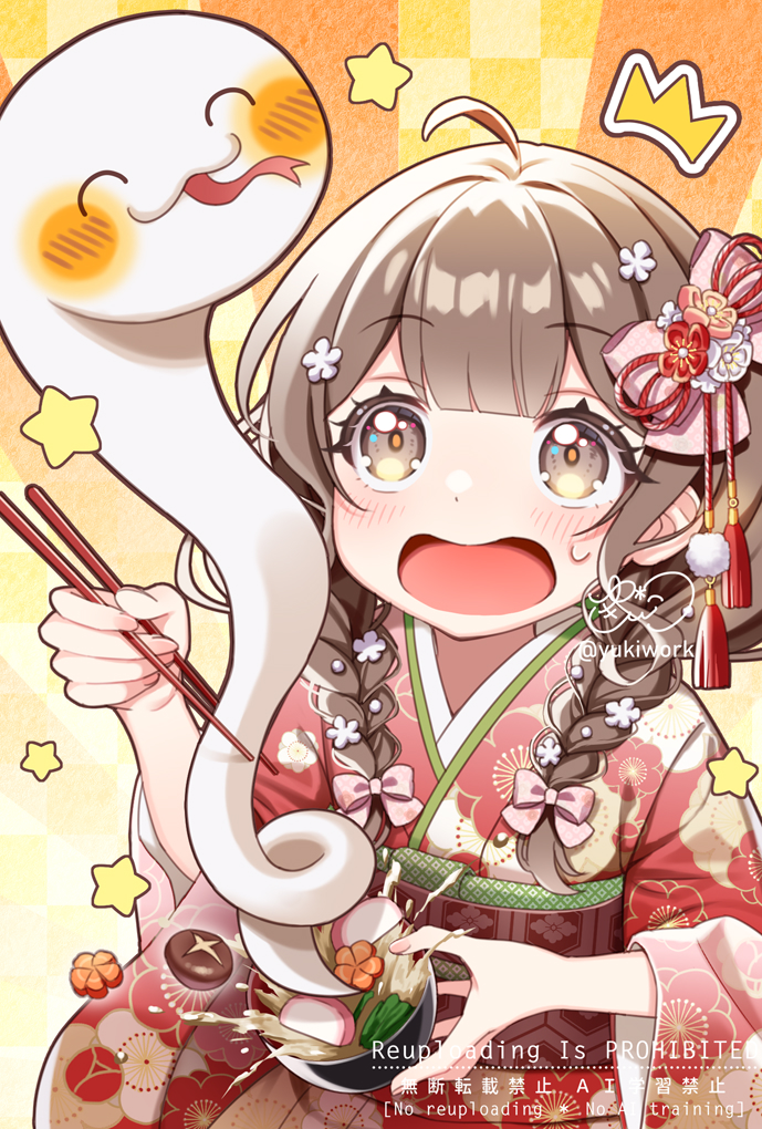 1girl ahoge blush bow bowl braid brown_eyes brown_hair chinese_zodiac chopsticks commentary floral_print floral_print_kimono flower food green_sash hair_bow hair_flower hair_ornament holding holding_bowl holding_chopsticks japanese_clothes kimono long_hair mochi mochi_trail obi open_mouth original pink_bow print_kimono red_kimono sash signature solo twin_braids twitter_username year_of_the_snake yukinko_(yukiwork) zouni_soup