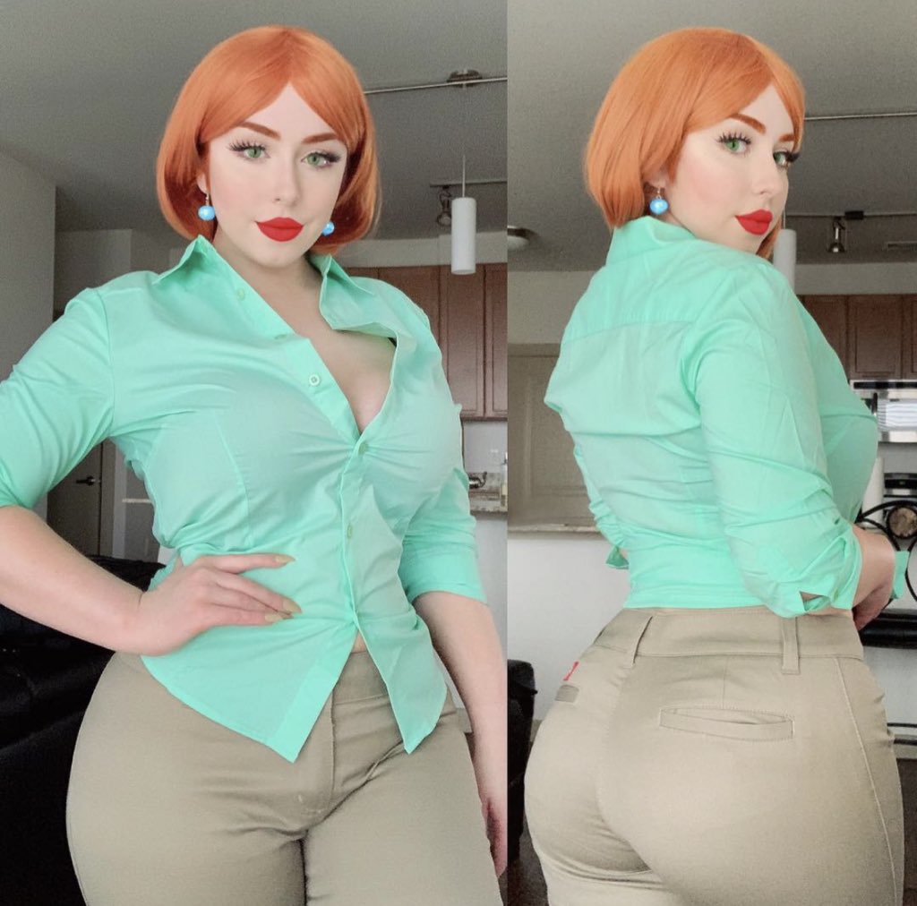 1girl 2021 20th_century_fox ass bed blue_background blush_(makeup) breasts brown_pants buttons closed_eyes collared_shirt cosplay cosplay_photo dress_shirt eyelashes eyeliner family_guy female_focus green_eyes green_shirt hand_on_own_hip large_breasts lips lipstick lois_griffin lois_griffin_(cosplay) makeup pants photo_(medium) red_hair red_lips shirt short_hair solo source_request tagme tan_pants teeth thejulietttemichele thick_thighs thighs tree unbuttoned unbuttoned_shirt wide_hips wig