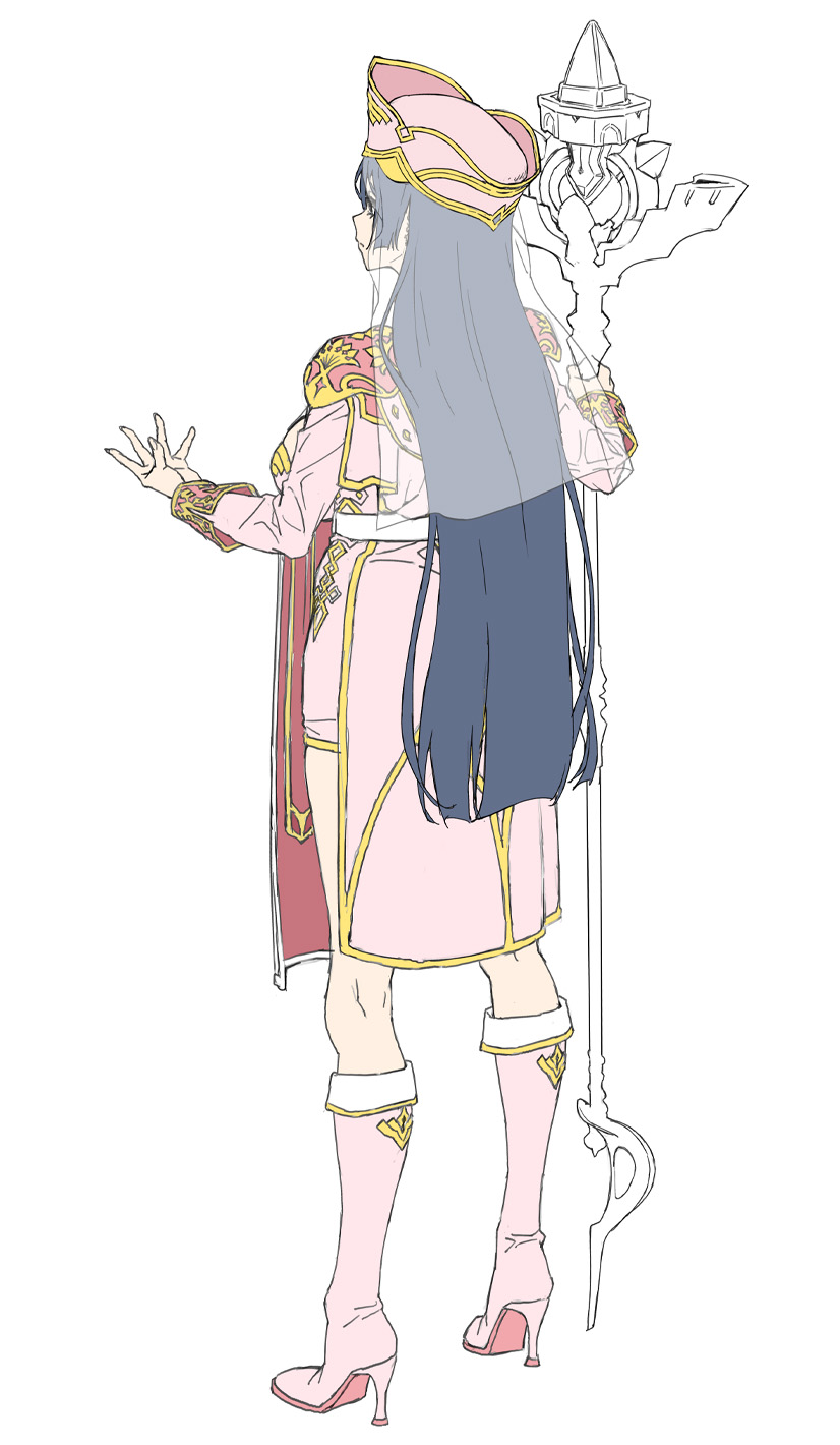 1girl black_hair boots comic_bavel commentary_request dress from_behind full_body happoubi_jin hat high_heel_boots high_heels highres holding holding_scepter jewelry long_hair mitre original pink_boots pink_dress pink_hat ring scepter short_dress smile solo very_long_hair