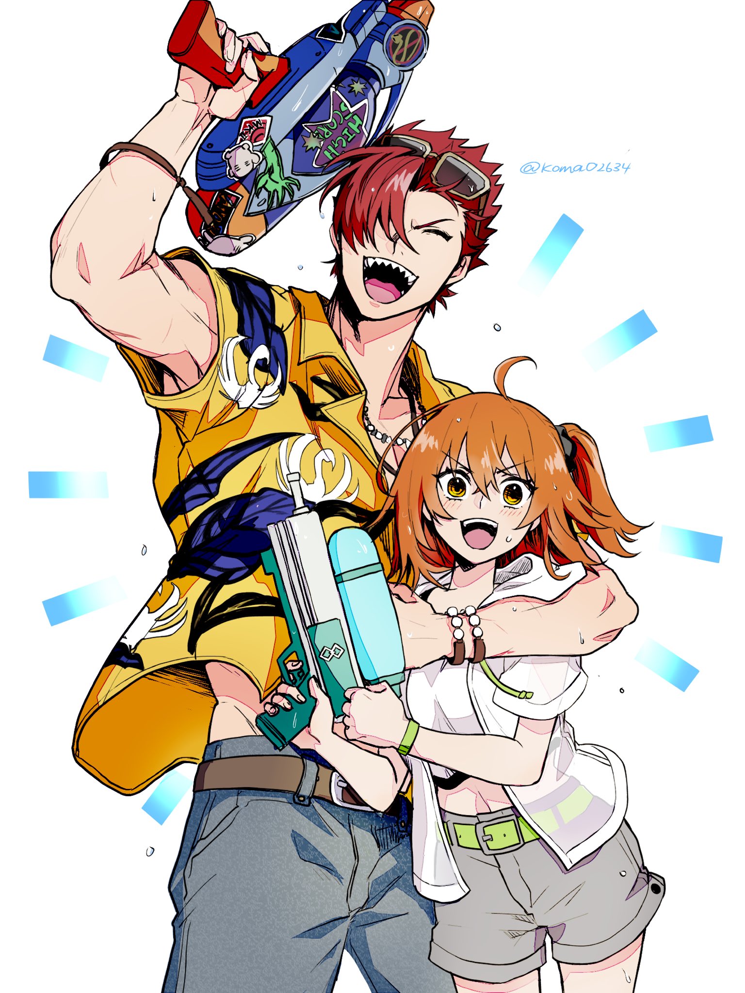 1boy 1girl ahoge arm_around_shoulder belt black_scrunchie blush chaldea_logo closed_eyes crop_top denim eyewear_on_head fate/grand_order fate_(series) fujimaru_ritsuka_(female) fujimaru_ritsuka_(female)_(summer_street) green_belt grey_shorts hair_ornament hair_over_one_eye hair_scrunchie highres holding holding_water_gun jacket jeans koma02634 lapels mori_nagayoshi_(fate) navel notched_lapels official_alternate_costume open_mouth orange_hair pants red_hair scrunchie see-through_clothes see-through_jacket sharp_teeth short_hair short_sleeves shorts side_ponytail size_difference smile spiked_hair sunglasses sweatdrop teeth toned toned_male water_gun white_jacket yellow_eyes yellow_jacket