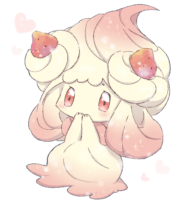 1girl alcremie alcremie_(ruby_swirl) alcremie_(strawberry_sweet) blonde_hair blush commentary_request covering_own_mouth food-themed_creature food-themed_hair_ornament gen_8_pokemon gradient_hair hair_ornament heart long_hair looking_at_viewer monster_girl multicolored_hair nintendo pink_eyes pink_hair pokemon pokemon_(creature) simple_background solo strawberry_hair_ornament wanekko_(hanekoro) white_background